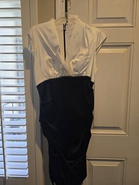 Xscape White and Black V-Neck Sheath Dress